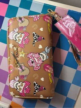 Betsey Johnson Tan Wallet with Pink & White Cowgirl Skull Print